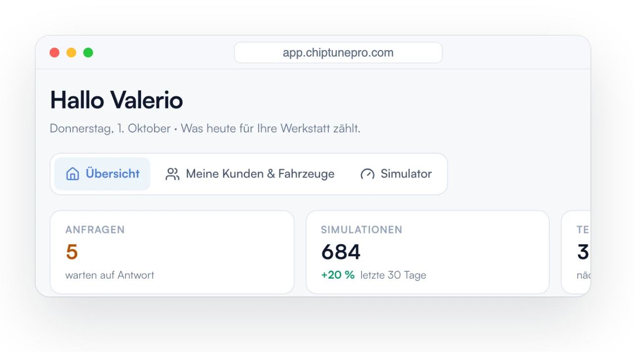 ChiptunePRO Dashboard: offene Anfragen und Simulationen