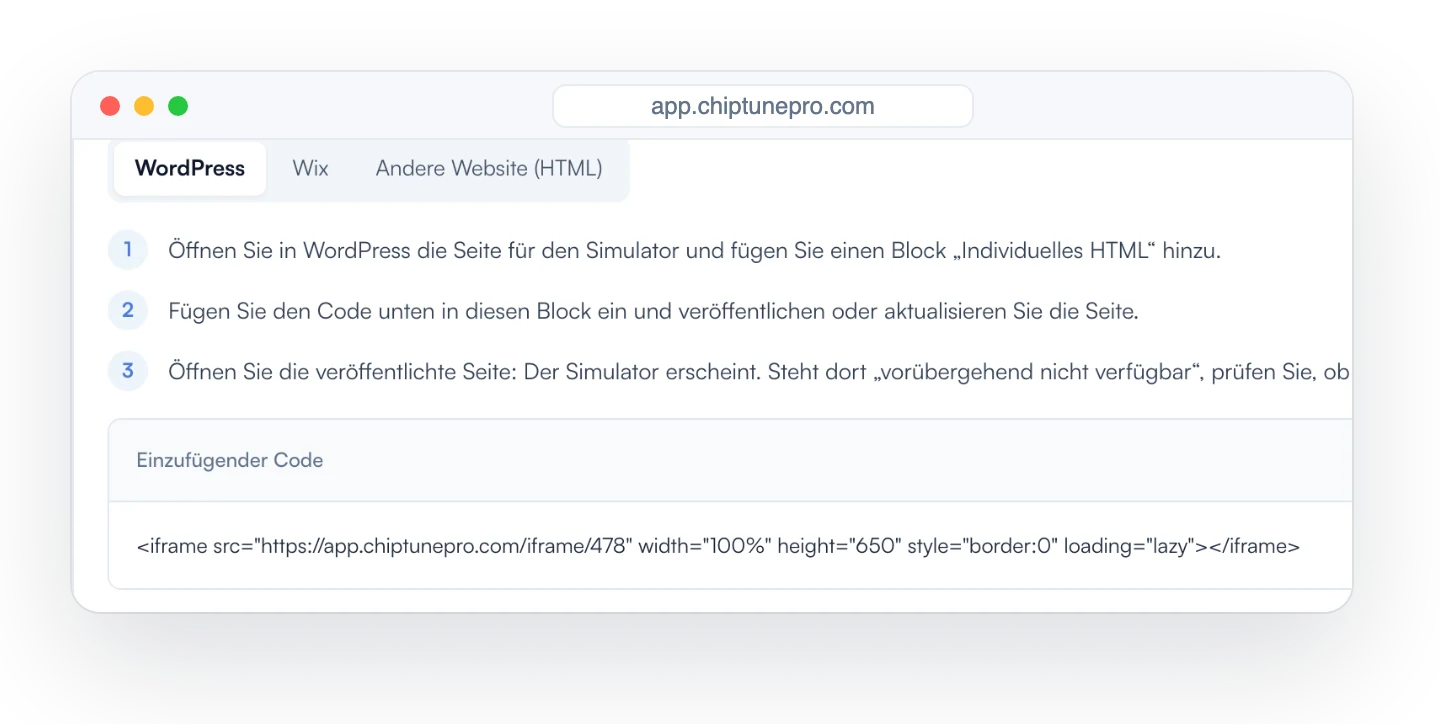Einbettungscode des Simulators für Ihre Website