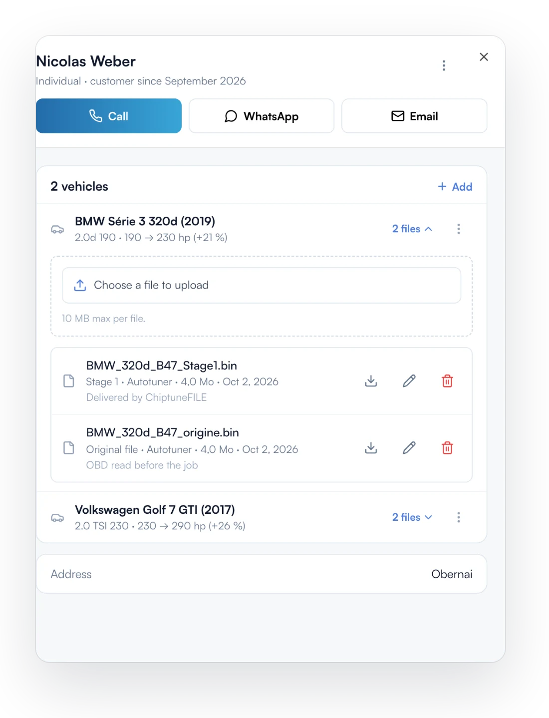 Customer record with vehicles, files and quotes