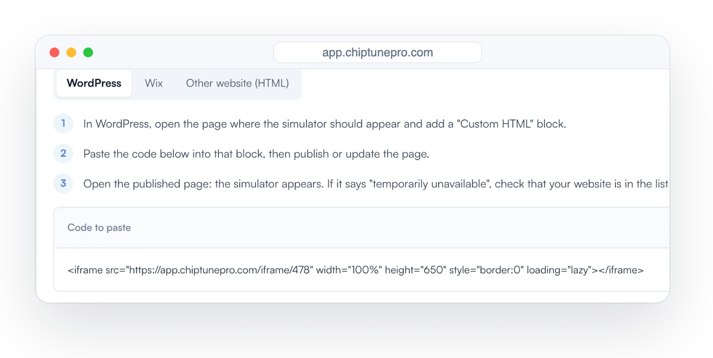 Simulator embed code to paste on your website