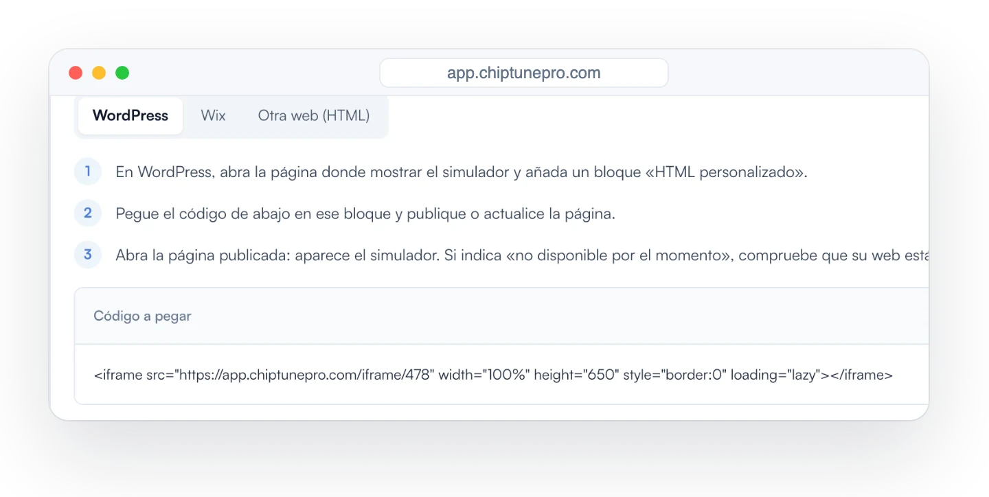 Código de integración del simulador para pegar en su web