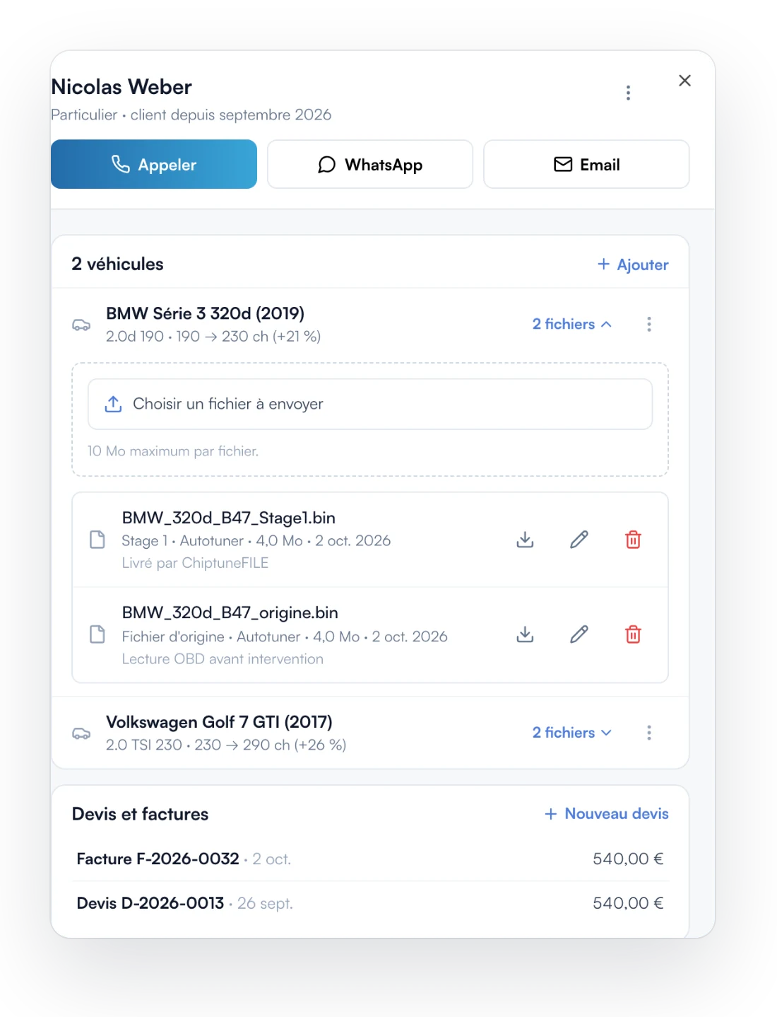 Fiche client avec véhicules, fichiers et devis