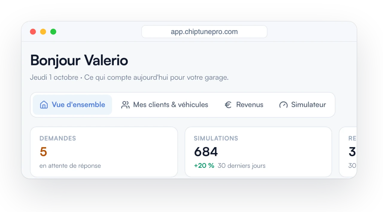 Tableau de bord ChiptunePRO : demandes en attente et simulations